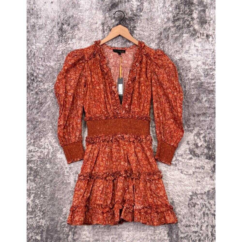 New House of Harlow Dress XS Womens Wallis Orange Floral Smocked Mini
